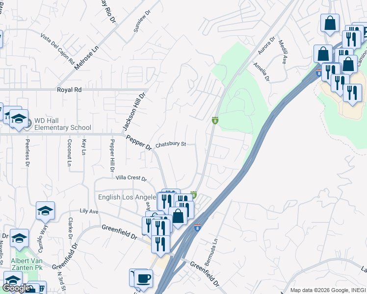 map of restaurants, bars, coffee shops, grocery stores, and more near 1898 Jasmine Street in El Cajon