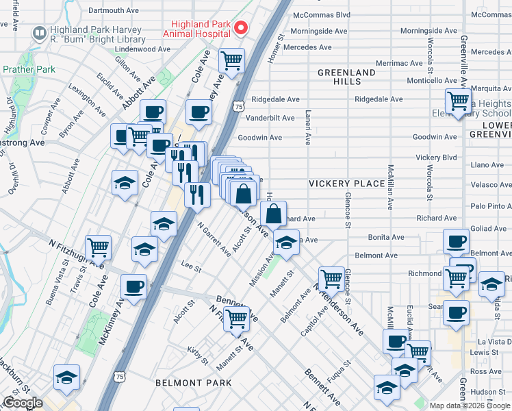 map of restaurants, bars, coffee shops, grocery stores, and more near 5140 Willis Avenue in Dallas
