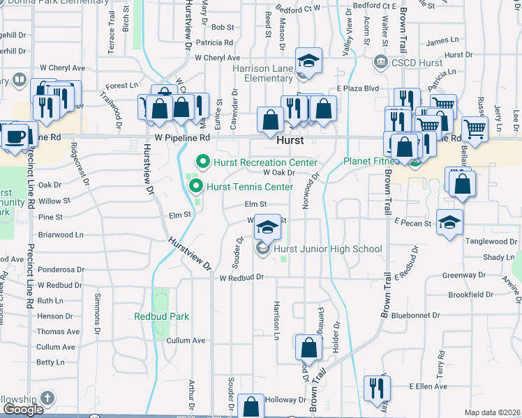map of restaurants, bars, coffee shops, grocery stores, and more near 301 Elm Street in Hurst
