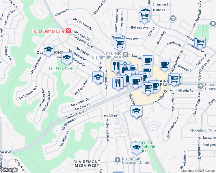 map of restaurants, bars, coffee shops, grocery stores, and more near 4333 Mount Castle Avenue in San Diego