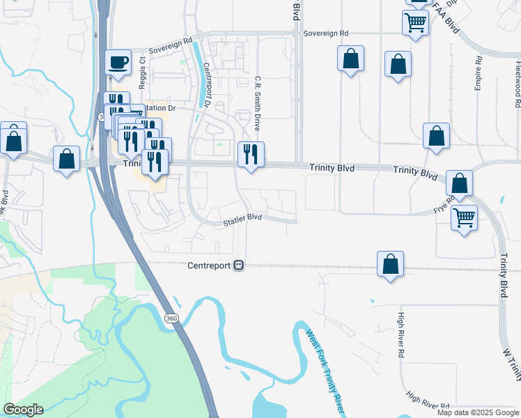 map of restaurants, bars, coffee shops, grocery stores, and more near 14613 Chimney Meadow Street in Fort Worth