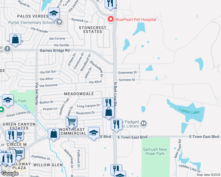 map of restaurants, bars, coffee shops, grocery stores, and more near 4053 Hearthstone Drive in Mesquite