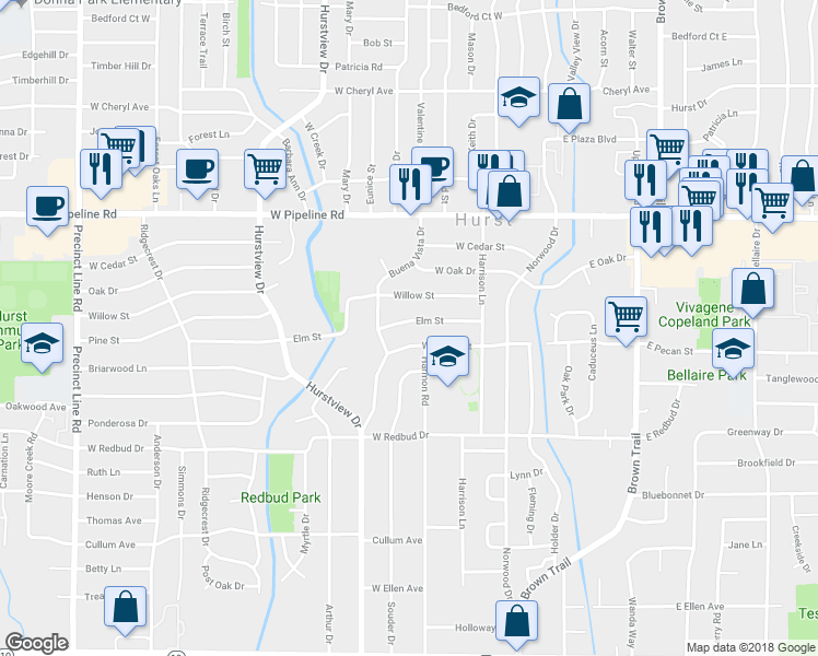 map of restaurants, bars, coffee shops, grocery stores, and more near 313 Elm Street in Hurst