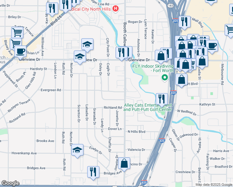 map of restaurants, bars, coffee shops, grocery stores, and more near 7616 Evergreen Road in Richland Hills
