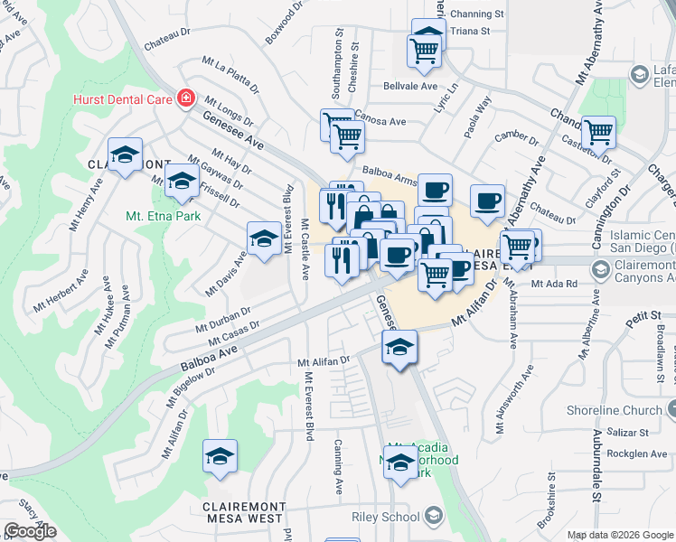 map of restaurants, bars, coffee shops, grocery stores, and more near 4333 Mount Castle Avenue in San Diego
