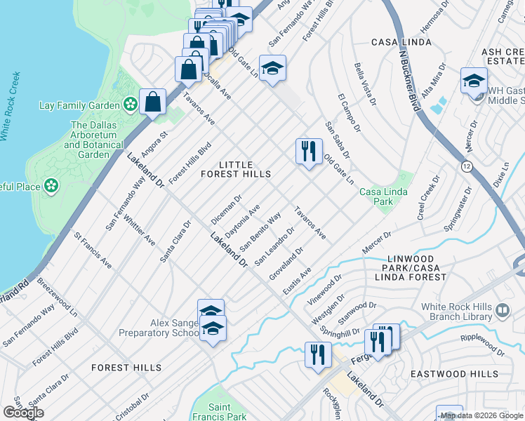 map of restaurants, bars, coffee shops, grocery stores, and more near 8714 Daytonia Avenue in Dallas
