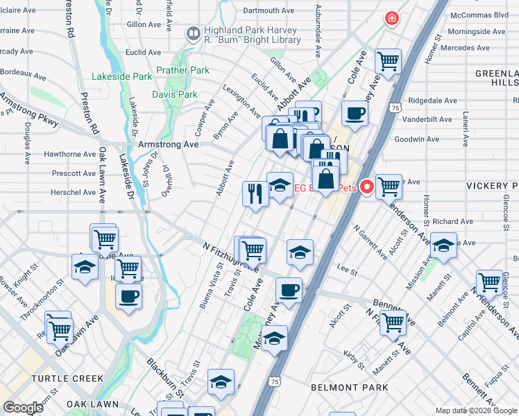 map of restaurants, bars, coffee shops, grocery stores, and more near 4338 Travis Street in Dallas