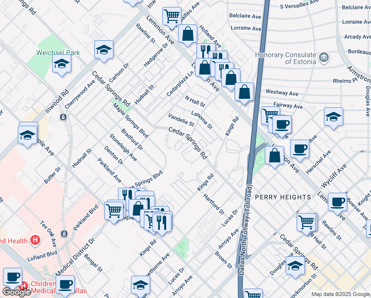map of restaurants, bars, coffee shops, grocery stores, and more near 3003 Mahanna Springs Drive in Dallas
