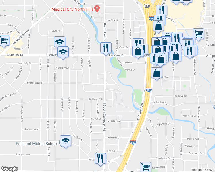 map of restaurants, bars, coffee shops, grocery stores, and more near 3800 Booth Calloway Road in Richland Hills