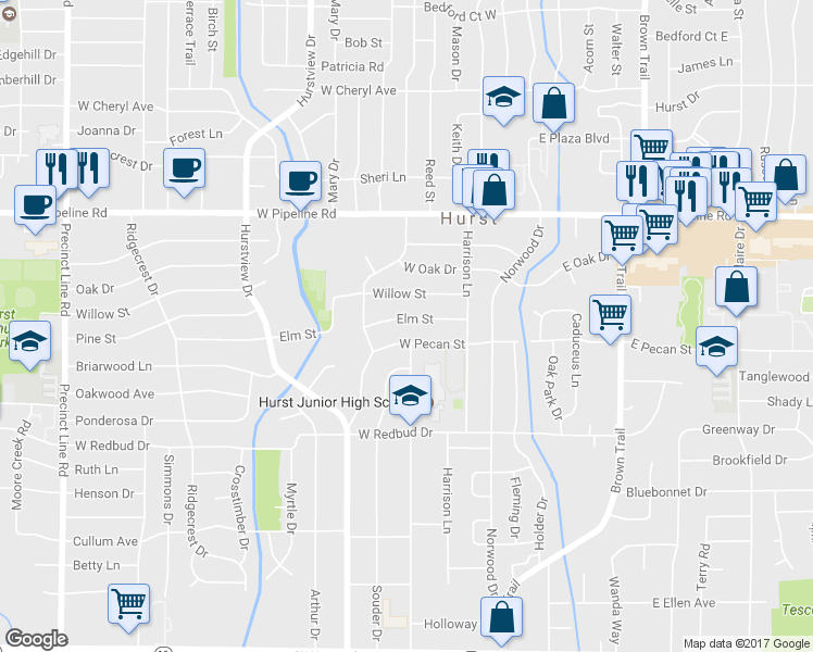 map of restaurants, bars, coffee shops, grocery stores, and more near 301 Elm St in Hurst