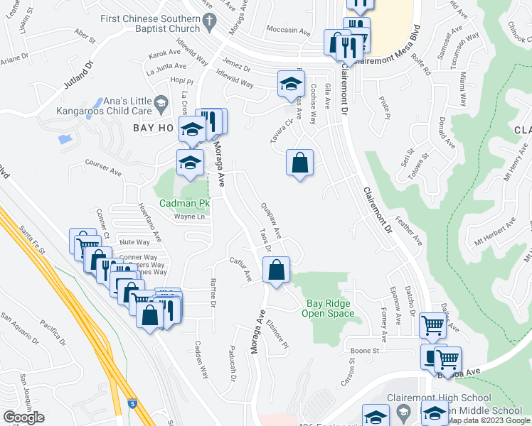 map of restaurants, bars, coffee shops, grocery stores, and more near 4250 Quapaw Avenue in San Diego