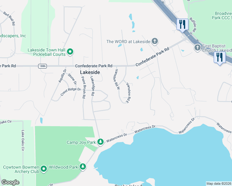 map of restaurants, bars, coffee shops, grocery stores, and more near 202 Vanshire Road West in Lakeside