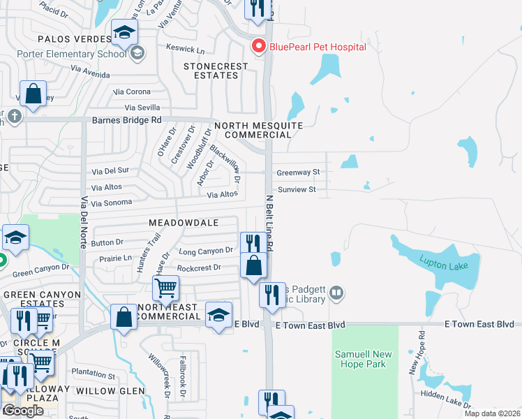 map of restaurants, bars, coffee shops, grocery stores, and more near 4052 Hearthstone Drive in Mesquite