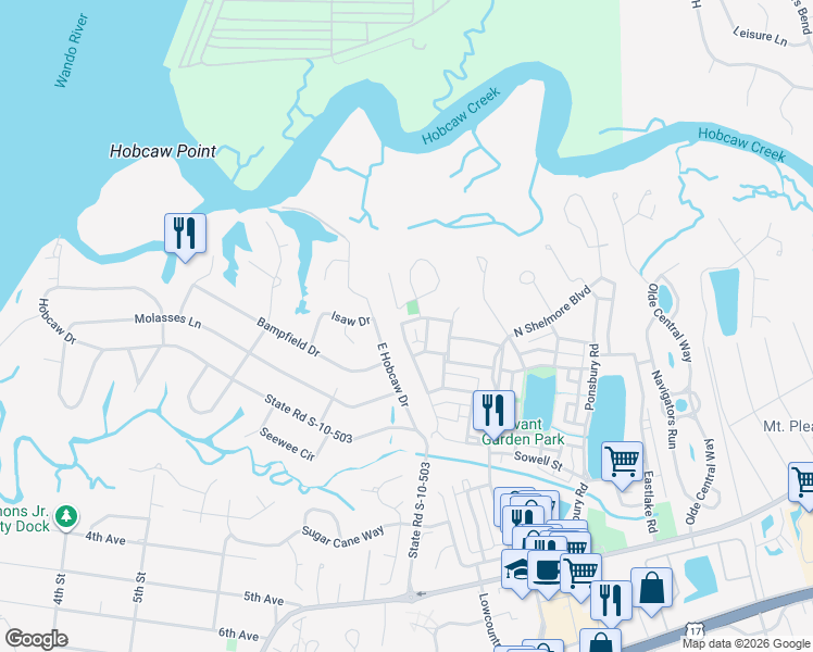 map of restaurants, bars, coffee shops, grocery stores, and more near 4 Edenton Road in Mount Pleasant