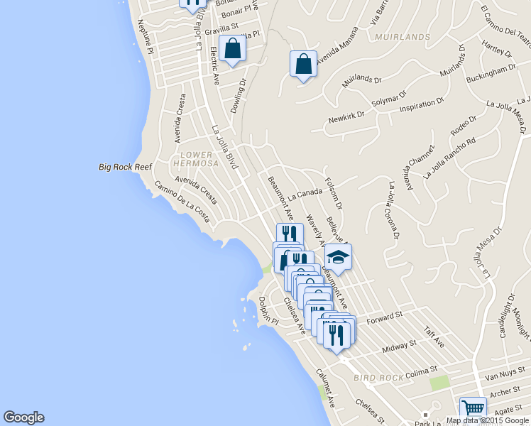map of restaurants, bars, coffee shops, grocery stores, and more near 405 La Canada in San Diego