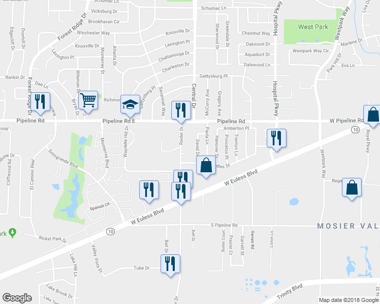 map of restaurants, bars, coffee shops, grocery stores, and more near 3004 Raider Court in Euless