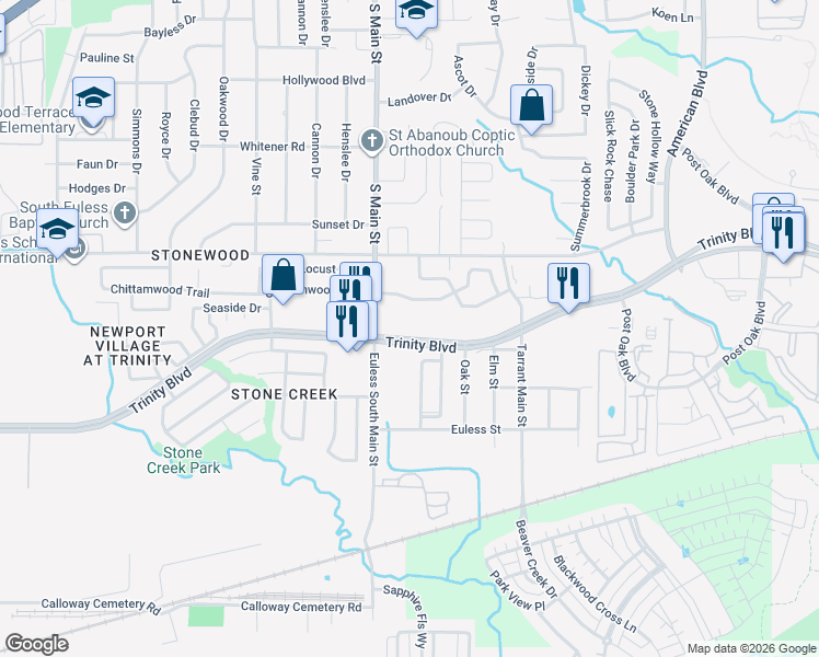 map of restaurants, bars, coffee shops, grocery stores, and more near 3912a Euless South Main Street in Euless