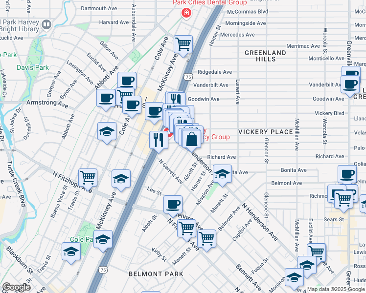 map of restaurants, bars, coffee shops, grocery stores, and more near 2841 North Henderson Avenue in Dallas