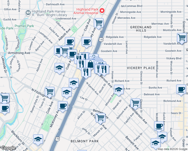 map of restaurants, bars, coffee shops, grocery stores, and more near 4440 North Central Expressway in Dallas