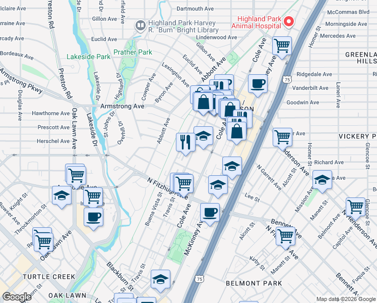 map of restaurants, bars, coffee shops, grocery stores, and more near 4338 Travis Street in Dallas