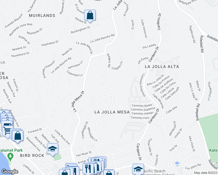 map of restaurants, bars, coffee shops, grocery stores, and more near 5760 Rutgers Road in San Diego