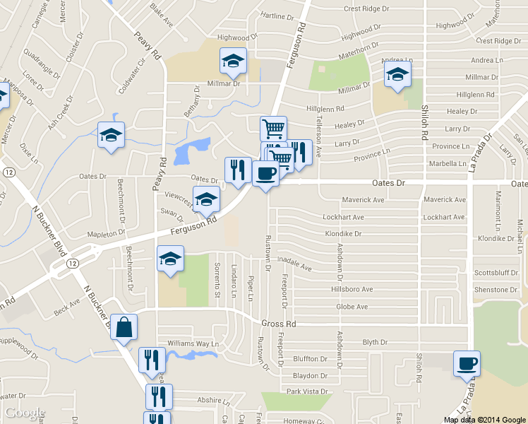 map of restaurants, bars, coffee shops, grocery stores, and more near 9615 Rustown Drive in Dallas
