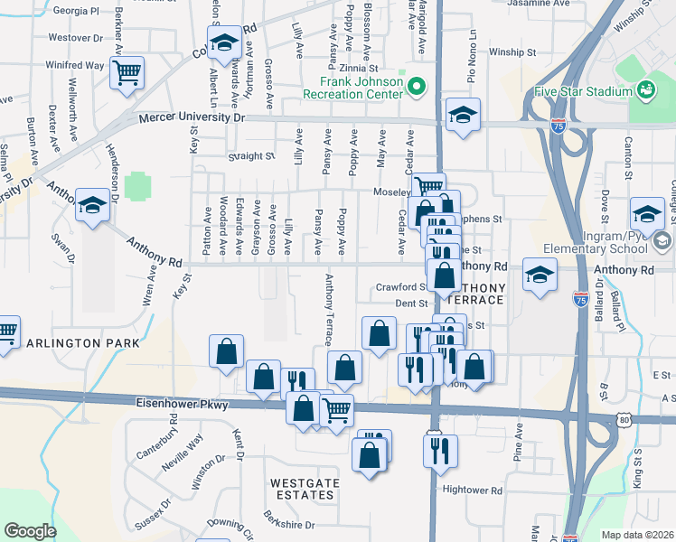 map of restaurants, bars, coffee shops, grocery stores, and more near 1508 Anthony Road in Macon