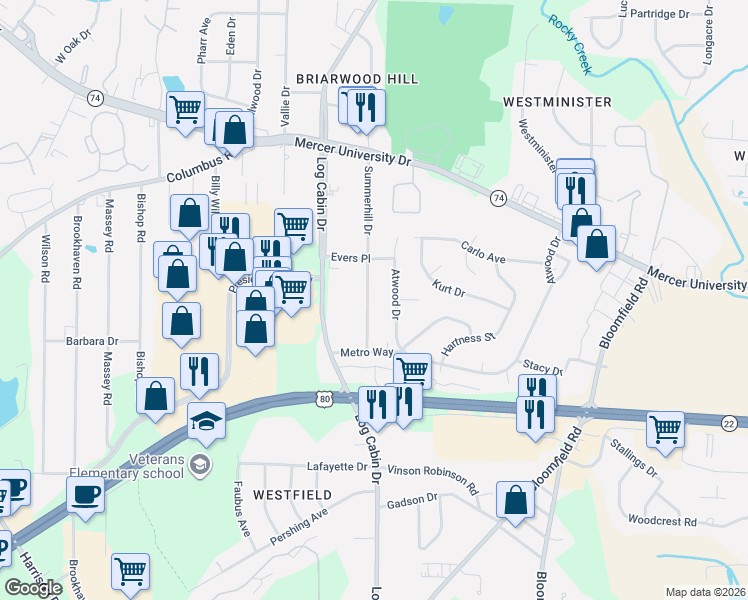 map of restaurants, bars, coffee shops, grocery stores, and more near 4442 Summerhill Drive in Macon