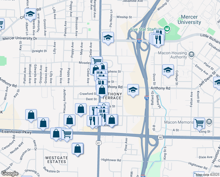 map of restaurants, bars, coffee shops, grocery stores, and more near 2221 Adams Avenue in Macon