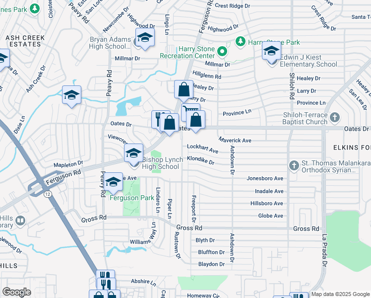 map of restaurants, bars, coffee shops, grocery stores, and more near 9615 Rustown Drive in Dallas