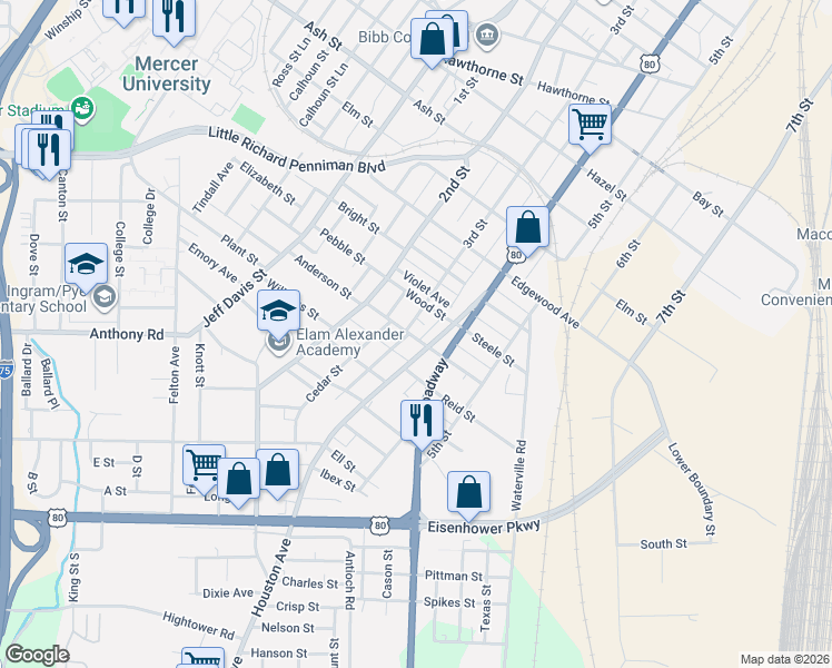 map of restaurants, bars, coffee shops, grocery stores, and more near 473 Giles Street in Macon