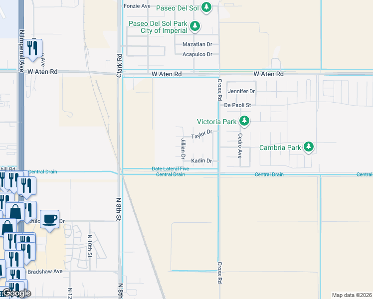 map of restaurants, bars, coffee shops, grocery stores, and more near 2318 Jillian Drive in Imperial