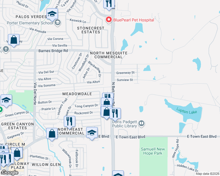 map of restaurants, bars, coffee shops, grocery stores, and more near 4052 Hearthstone Drive in Mesquite