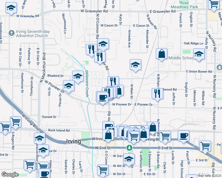 map of restaurants, bars, coffee shops, grocery stores, and more near 580 North O'Connor Road in Irving