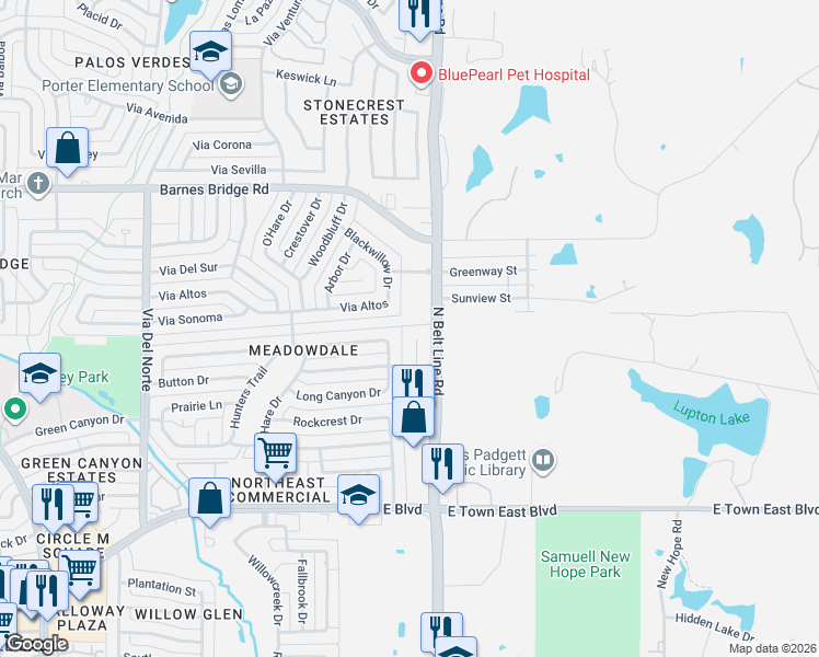 map of restaurants, bars, coffee shops, grocery stores, and more near 4053 Hearthstone Drive in Mesquite