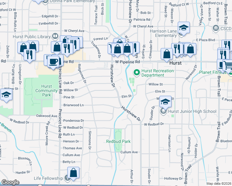 map of restaurants, bars, coffee shops, grocery stores, and more near 705 Hurstview Drive in Hurst