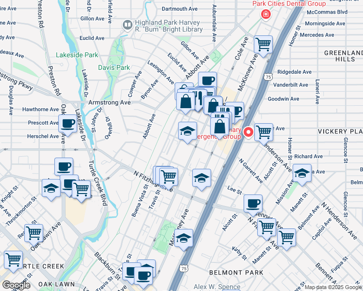 map of restaurants, bars, coffee shops, grocery stores, and more near 4338 Travis Street in Dallas