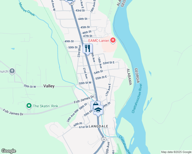 map of restaurants, bars, coffee shops, grocery stores, and more near 1901 55th Street East in Valley