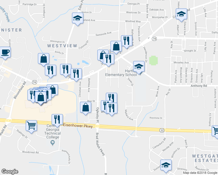 map of restaurants, bars, coffee shops, grocery stores, and more near 1781 Arlington Park in Macon