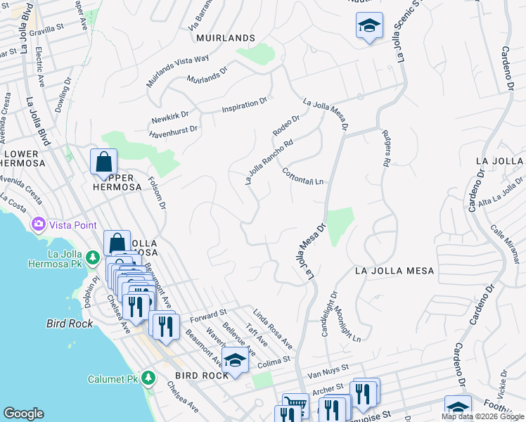 map of restaurants, bars, coffee shops, grocery stores, and more near 1041 La Jolla Rancho Road in San Diego