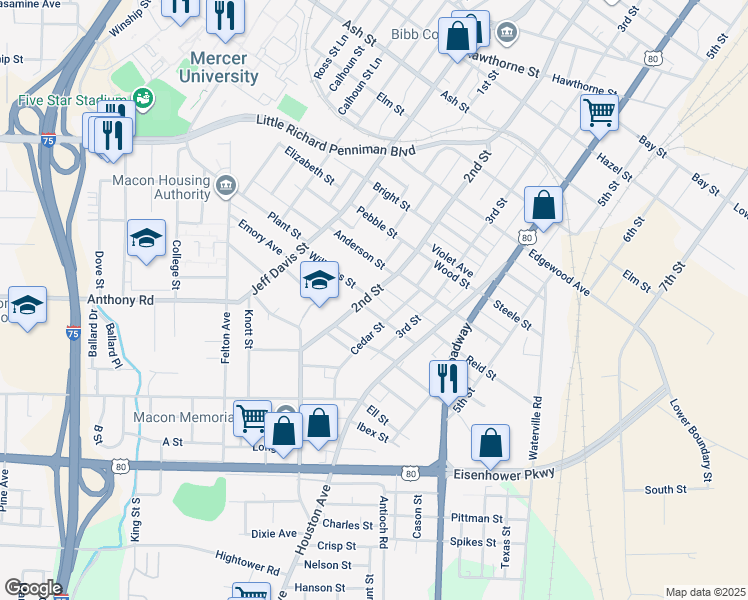 map of restaurants, bars, coffee shops, grocery stores, and more near 1954 2nd Street in Macon