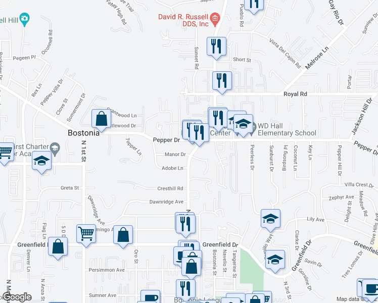 map of restaurants, bars, coffee shops, grocery stores, and more near 1736 North 2nd Street in El Cajon