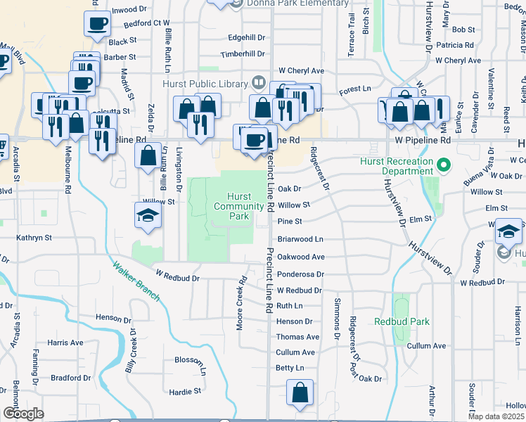 map of restaurants, bars, coffee shops, grocery stores, and more near 555 Precinct Line Road in Hurst