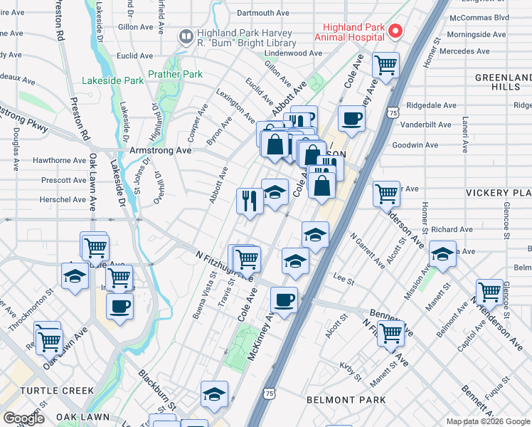 map of restaurants, bars, coffee shops, grocery stores, and more near 4338 Travis Street in Dallas