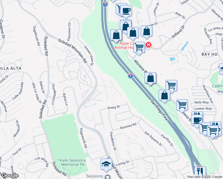 map of restaurants, bars, coffee shops, grocery stores, and more near 5468 Pacifica Drive in San Diego
