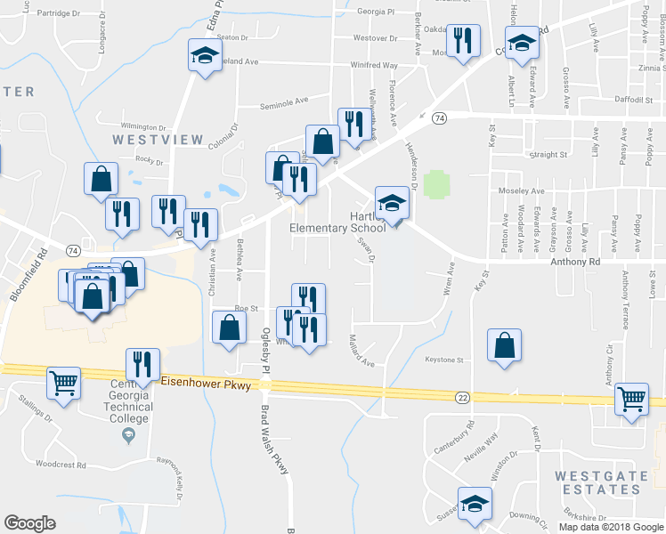 map of restaurants, bars, coffee shops, grocery stores, and more near 1794 Eveline Avenue in Macon