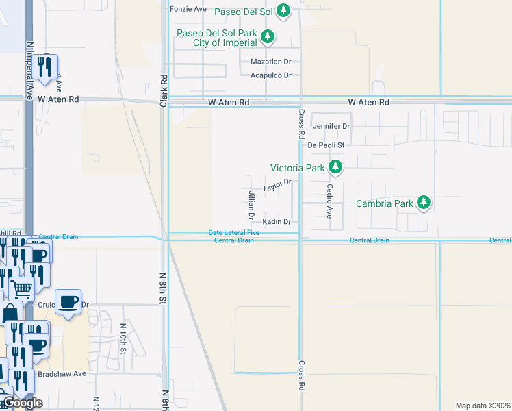 map of restaurants, bars, coffee shops, grocery stores, and more near 2318 Jillian Drive in Imperial