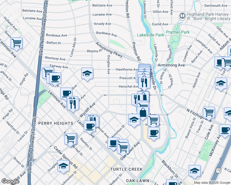 map of restaurants, bars, coffee shops, grocery stores, and more near in Dallas
