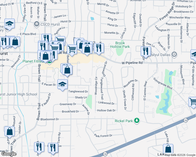 map of restaurants, bars, coffee shops, grocery stores, and more near 1205 Woodridge Circle in Euless