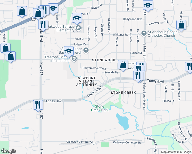 map of restaurants, bars, coffee shops, grocery stores, and more near 3747 Fernando Drive in Euless